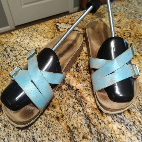 Birkenstock Yao Washed Metallic Aqua Blue Leather Sandals Women's Size 41 US 10 - Picture 4 of 13